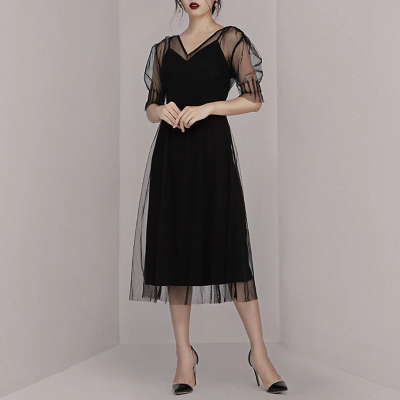 INDRESSME 2019 New Sexy Lace Mesh V Neckline A Line Little Black Dress Midi Party Vestidos Women Outfit | Женская одежда