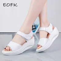 eofk summer women flat sandals lady platform soft comfort casual hook loop white genuine leather ankle strap wedges sandals