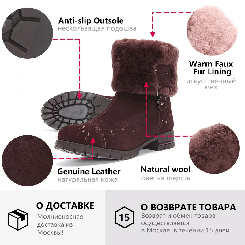 GOGC/100% натуральная кожа Женская зимняя обувь с мехом Шерсть Большие размеры