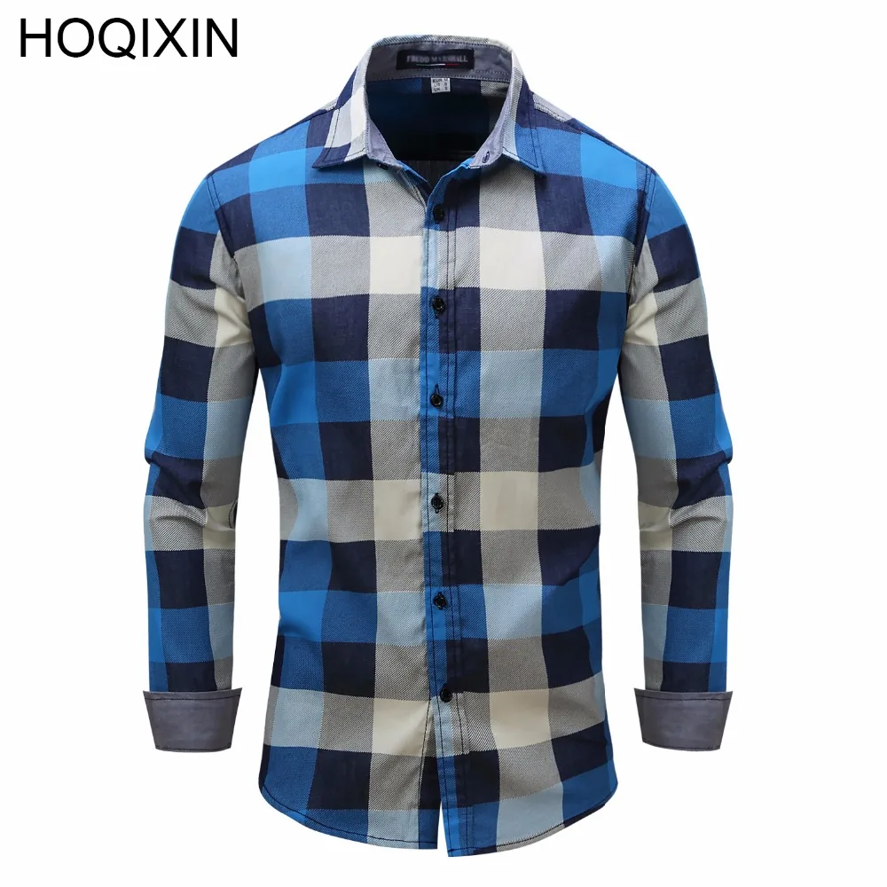 HOQIXIN Новинка 2018 Мужская Повседневная рубашка с длинным рукавом в клетку 100% хлопок