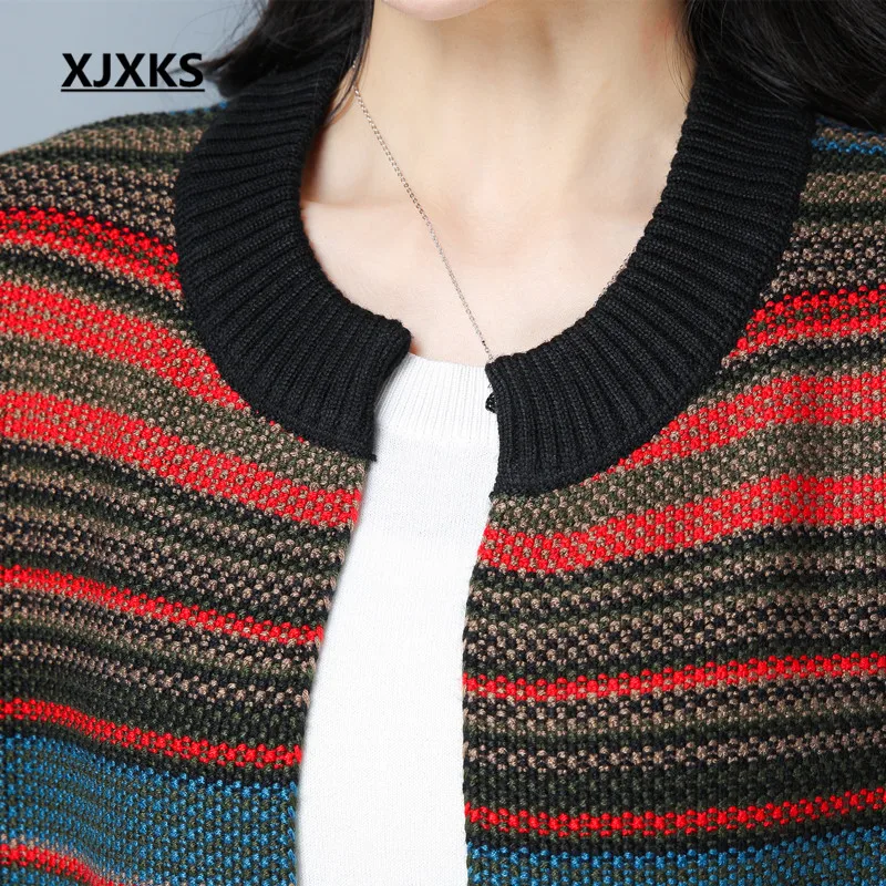 XJXKS Round Neck Caridgans Sweater Coat Lace Up Pockets With Colorful Striped Knitted Autumn Women Sweaters Coats |