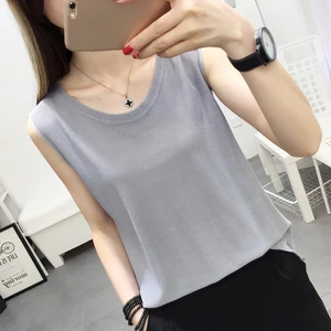 Женская свободная майка из ледяного шелка, короткая трикотажная майка без рукавов, топ на лето 2019