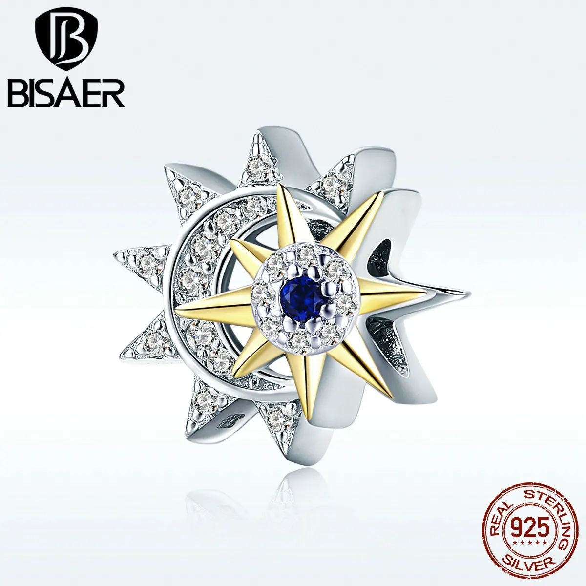 BISAER, 925 пробы, серебряные подвески солнце и луна, прозрачные CZ циркониевые бусины с планетой, подходят для браслетов, сделай сам, 925 серебряные ювелирные изделия ECC1137