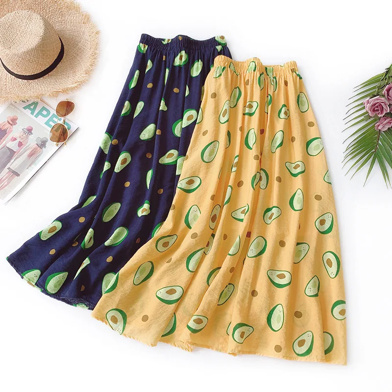 Tropical Fruit Printed Cotton and Linen Casual Skirt Summer Half-length skirt Wild A Word Big Swing 2019 Women's Clothing | Женская