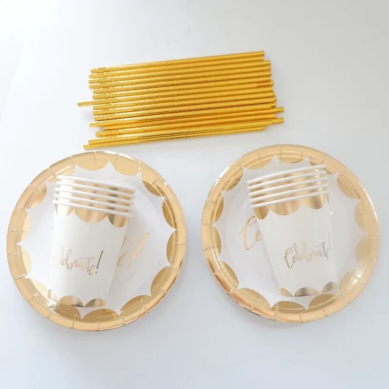 Gold 65 шт./компл. Золотая Блокировка одноразовая посуда Рождество год вечерние бумажные тарелки и стаканы день рождения поставки пластиковые соломинки - Цвет: Gold