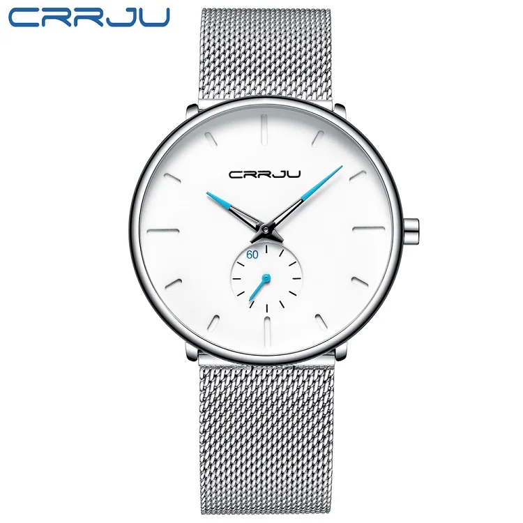 silver white Crrju мужские часы ультра-тонкие модные повседневные деловые часы мужские сетчатые стальные мужские водонепроницаемые кварцевые часы 2150 reloj - Цвет: silver white