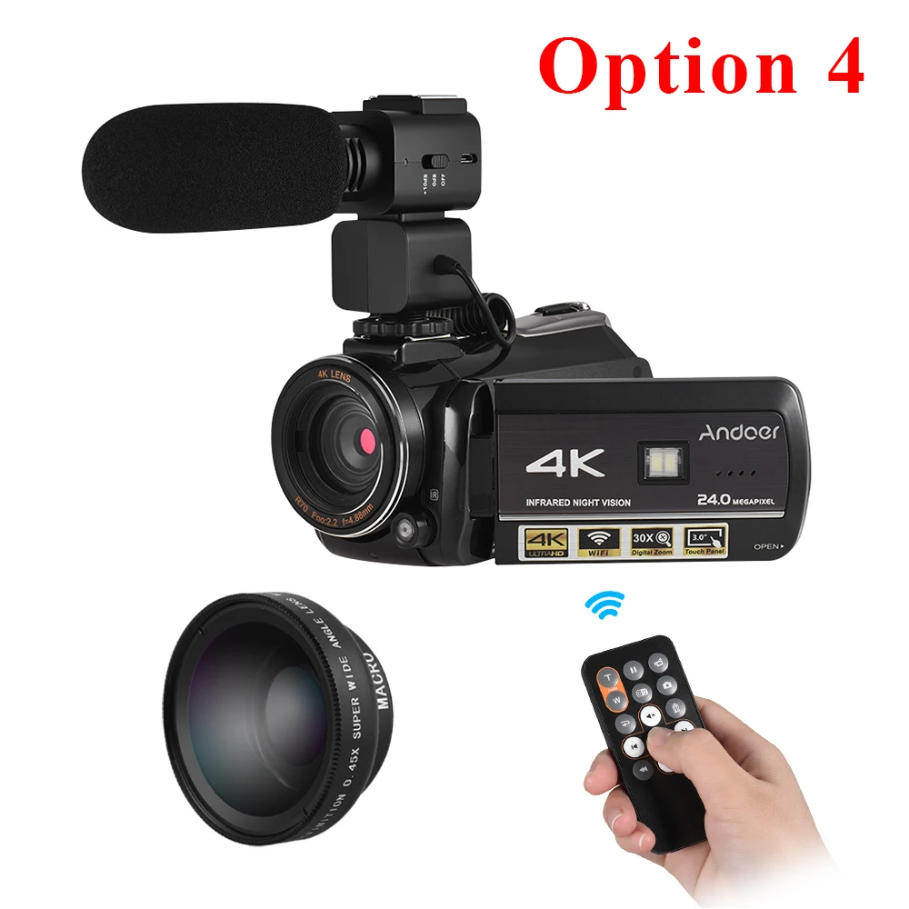 With 0.39x Lens Mic Andoer Профессиональная цифровая видеокамера 4K UHD 24MP Camara Camcorder w/0.39X широкоугольный объектив бленда внешний микрофон - Цвет: With 0.39x Lens Mic