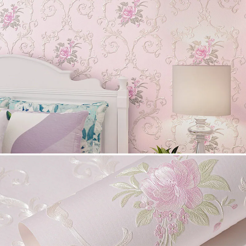 Light Purple Водостойкие самоклеящиеся обои для девочек, украшения для спальни, настенные наклейки, 3D тисненые пасторальные цветы, гостиная, ТВ фон - Цвет: Light Purple