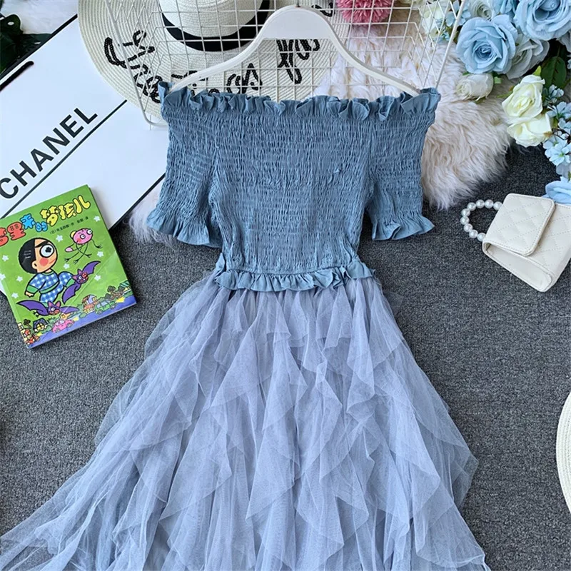 ALPHALMODA, Дамское милое бальное платье, платье с эластичным верхом, с открытыми плечами, неровное, гофрированное, Сетчатое, лоскутное, для женщин, Ретро стиль, принцесса, vestidos