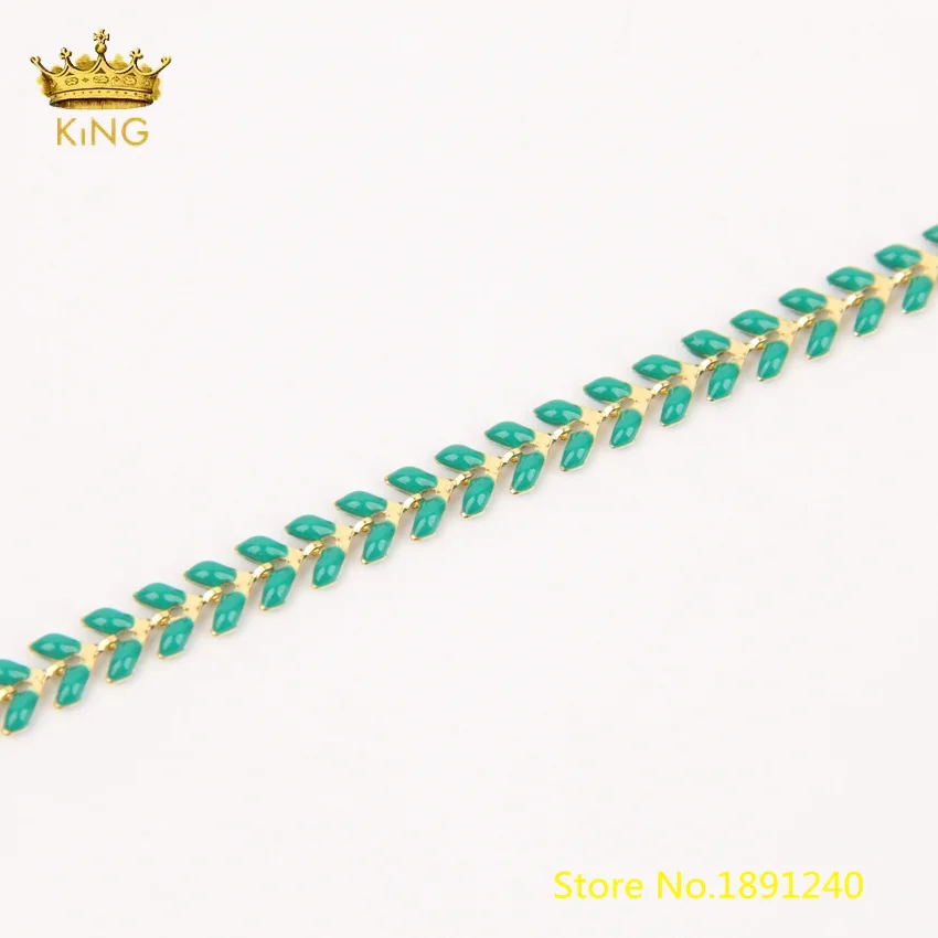 Green Color 5meters Enamel Beaded Chains Findings,Enamel Chevron Chains,Fishbone Fishtail Chain,Flat Arrow Charms Rosary Necklace Bulk HX220 - Color: Green Color