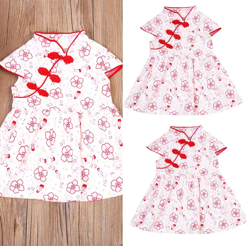 Платье-Ципао в китайском стиле с цветами красного и синего цвета | Детская одежда