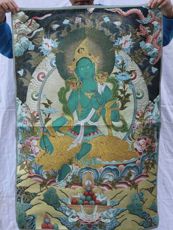 

36 inch Chinese Folk Silk embroidery Green Tara Mahayana Buddhism Thangka Painting Mural