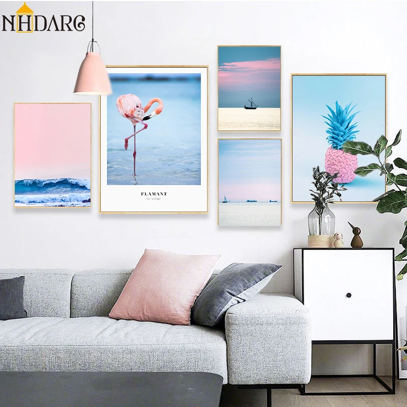 

Nordic Pink Series Scenery Pineapple Flamingos Seascape Landscape Canvas Print Painting Poster Art Wall Pictures for Home Decor
