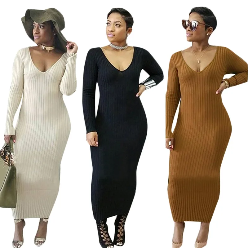 Рождественский вязаный свитер bodycon Длинные зимние платья Женщины Осень V рукава