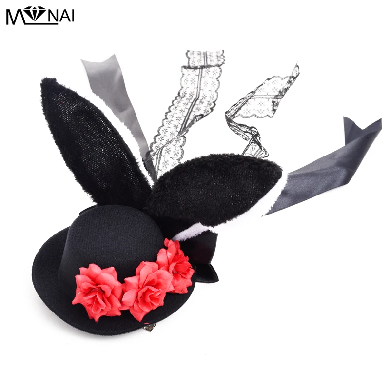 

Lovely Kwaii Lolita Rabbit Ear Rose Lace Cosplay Mini Top Hat for Girls Party Hair Clip Accessories