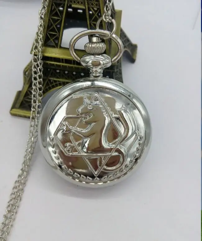 New silver tone Fullmetal Alchemist Pocket Watch Cosplay Edward Elric with chain Anime boys Gift wholesale 20pca