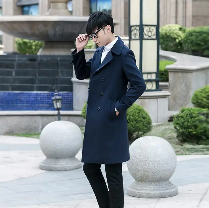 

Men's clothing long design wool coat men double-breasted slim woolen coats mens outerwear blue korean england S - 9XL