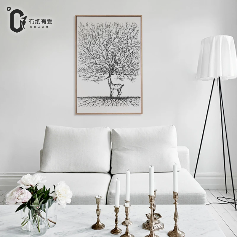 Олень под деревом Современное искусство Декор комнаты Холст на стену Украшение стены Черно-белый Без рамки.