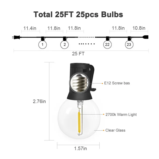 25FT 25LED 18FT/25FT 10 светодиодный/23 светодиодный G40 лампа для рождества Хэллоуина наружная гирлянда с 2 запасными лампами - Испускаемый цвет: 25FT 25LED