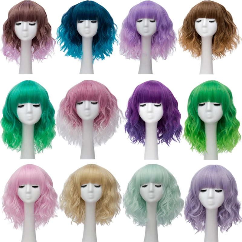 Similler Ombre Green Blue Gray Party Cosplay Wig Short Curly Hair Synthetic Wigs for Black Women 14