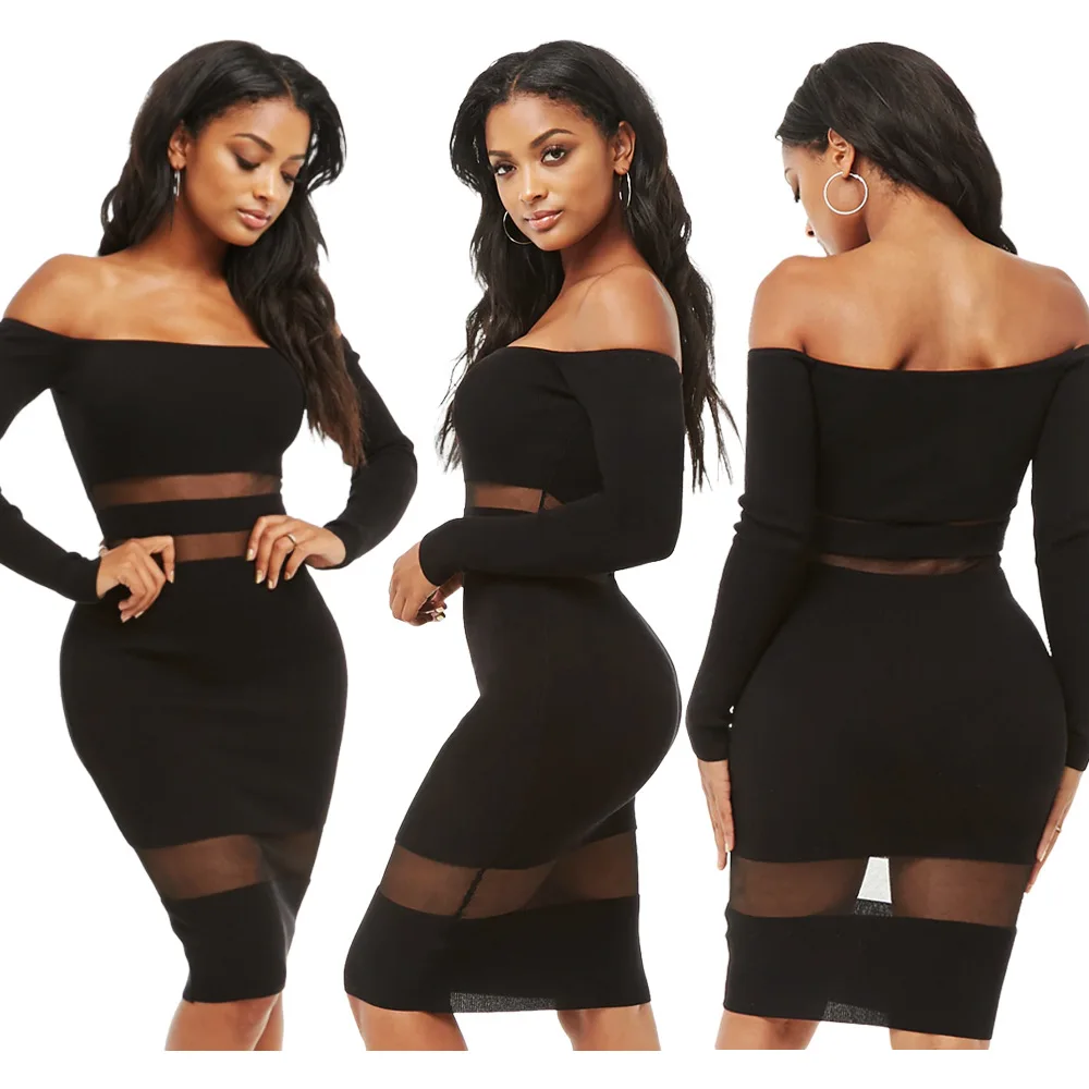 Черное облегающее вечернее платье с длинным рукавом и вырезом лодочкой vestidos Invierno