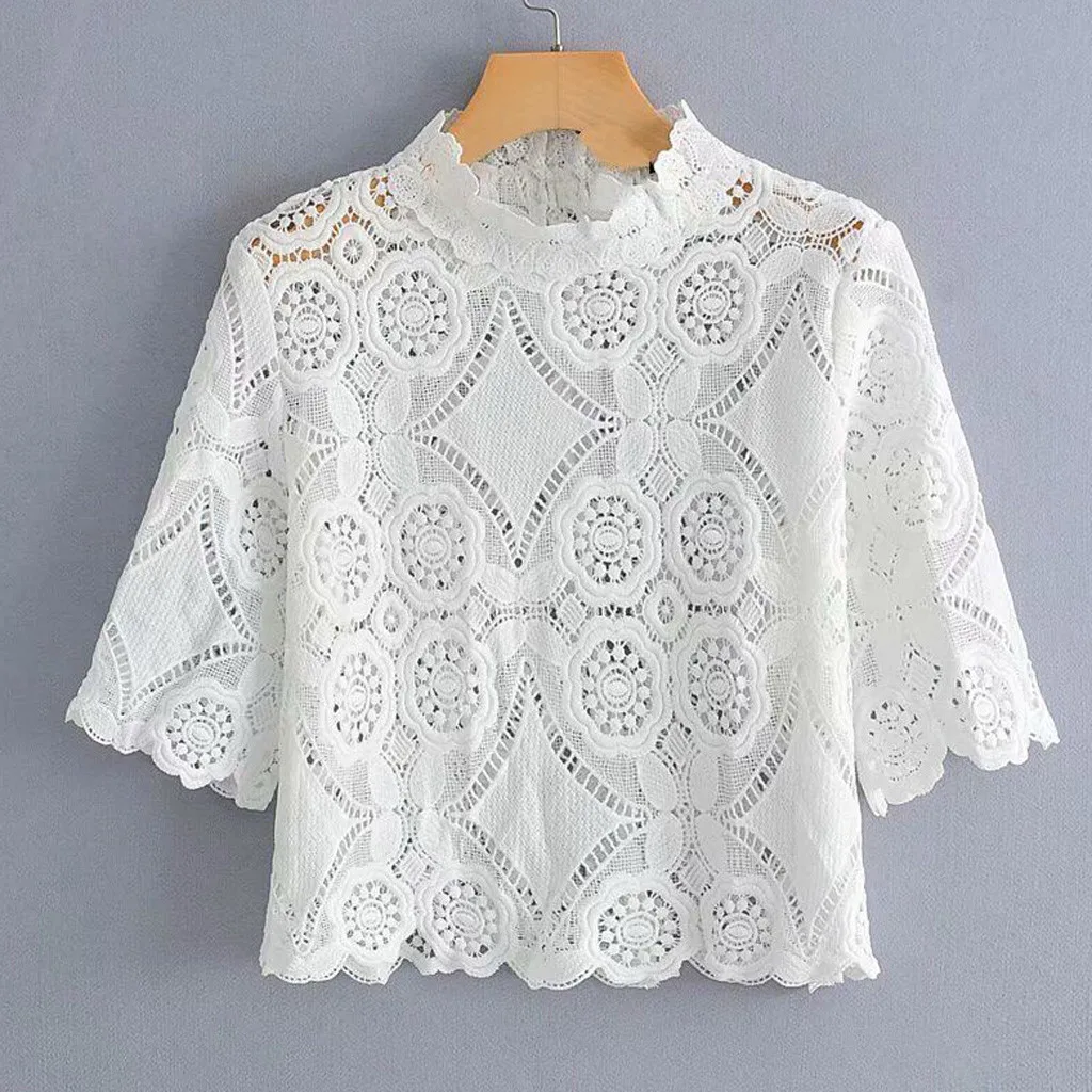 

Women Sexy Lace T-Shirt Patchwork Hollow Out Fashion Long Sleeve Crew Neck Button Mesh Design Tops Spring White Vintage T Shirts
