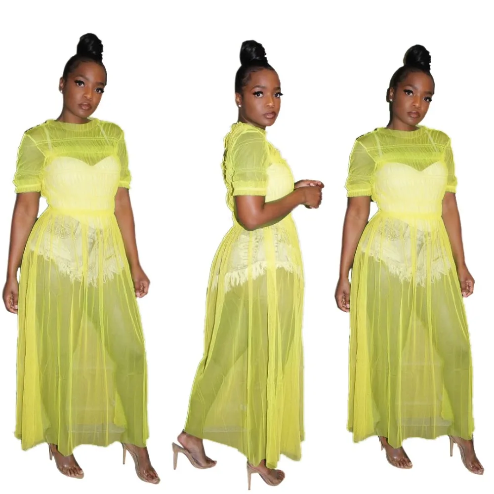 2019 летнее женское однотонное Сетчатое прозрачное вечернее платье с волнистыми