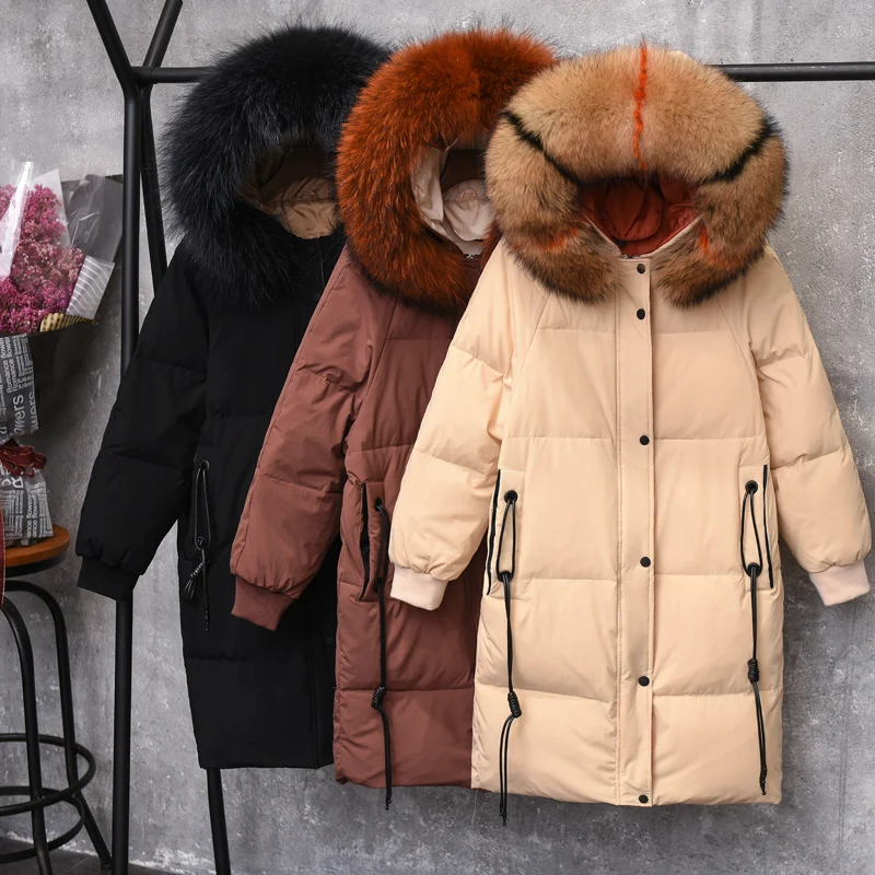 Женский пуховик на белом утином пуху S ~ 5XL теплая длинная толстая парка с большим