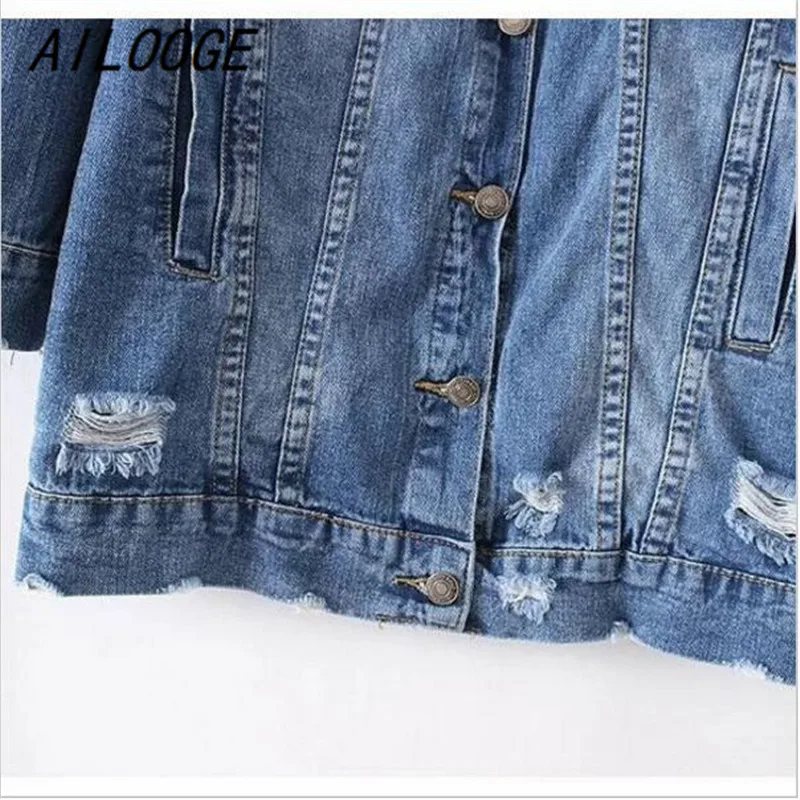 

AILOOGE 2017 Denim Jackets Women Hole Boyfriend Style Long Sleeve Vintage Jean jacket Denim Loose Spring Autumn Denim Coat Jean