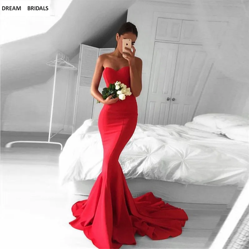 

2019 Red Stretch Stain Celebrity Dresses Mermaid Sweep Train Sirena Meerjungfrau Vestidos De Festa Longo