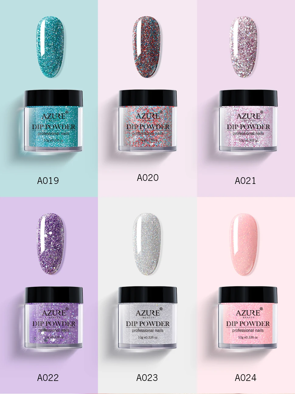 Azure beauty, 6 шт./лот, градиентный блестящий цвет, погружающийся порошок для нейл-арта, Dip порошок, набор, Базовое покрытие, топ, гель, блеск, порошок для ногтей, набор