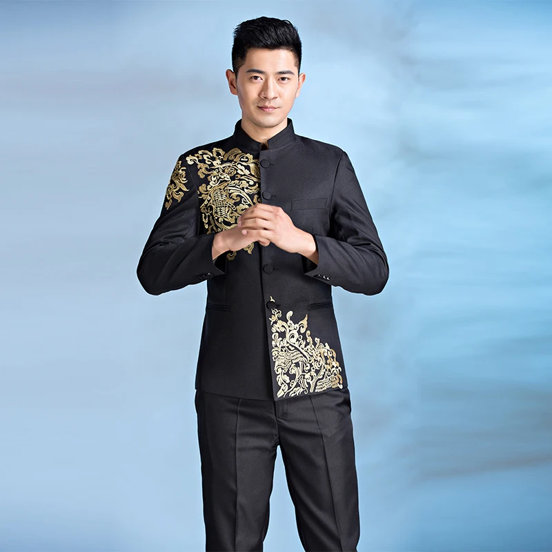 

Stand collar embroidery chinese tunic suit costume banquet groom wear tang suits mens latest coat pant designs chinese collar