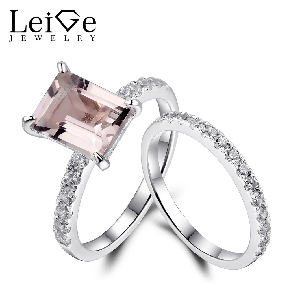 

Leige Jewelry Morganite Ring Natural Pink Gemstone Emerald Cut 925 Silver Wedding Promise Rings Set for Women Anniversary Gift