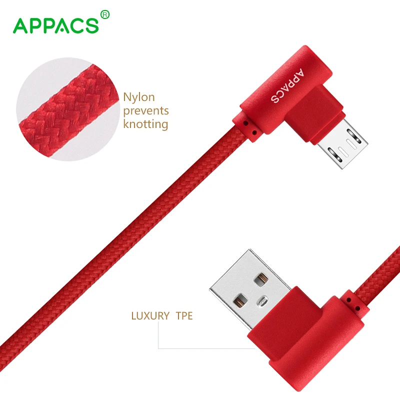 APPACS Кабель Micro-USB 5V 2.1A сплава ТПЭ 90 градусов USB кабель для samsung/Xiaomi/Meizu/huawei/htc Android 2.1A, 1 м, 2 м, быстрая зарядка