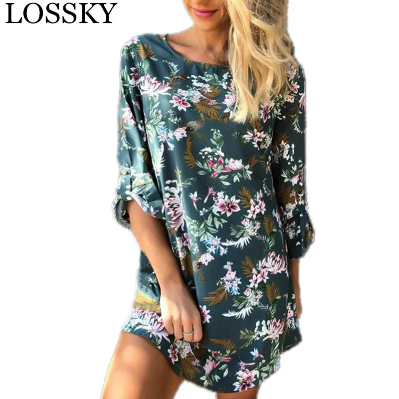 

2019 Women Summer Mini Dress Boho Style Floral Print Chiffon Beach Dress Sundress 3/4 Sleeve O Neck Short Party Dresses Vestidos