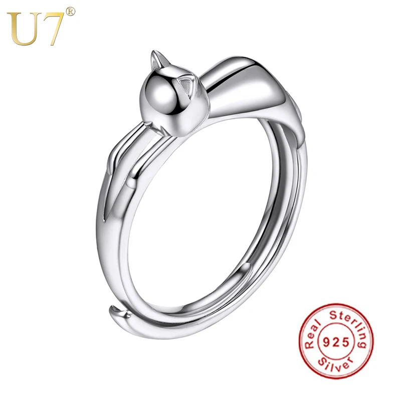 

U7 925 Sterling Silver Cat Cute Rings for Women Christmas Gift Her Finger Ring Animal Jewelry Real Pure 925 Sterling Silver SC07