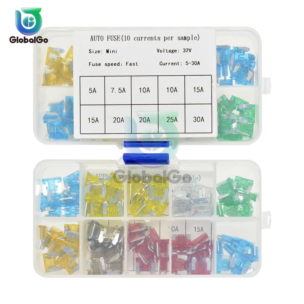 100 шт./лот мини плавкие предохранители Авто комплект предохранителей 5A 10A 15A 20A 25A 30A