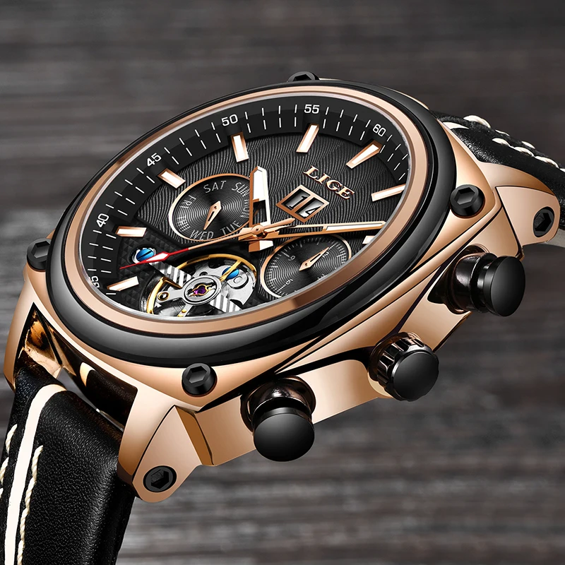 Мужские модные роскошные часы LIGE спортивные механические Tourbillon классические