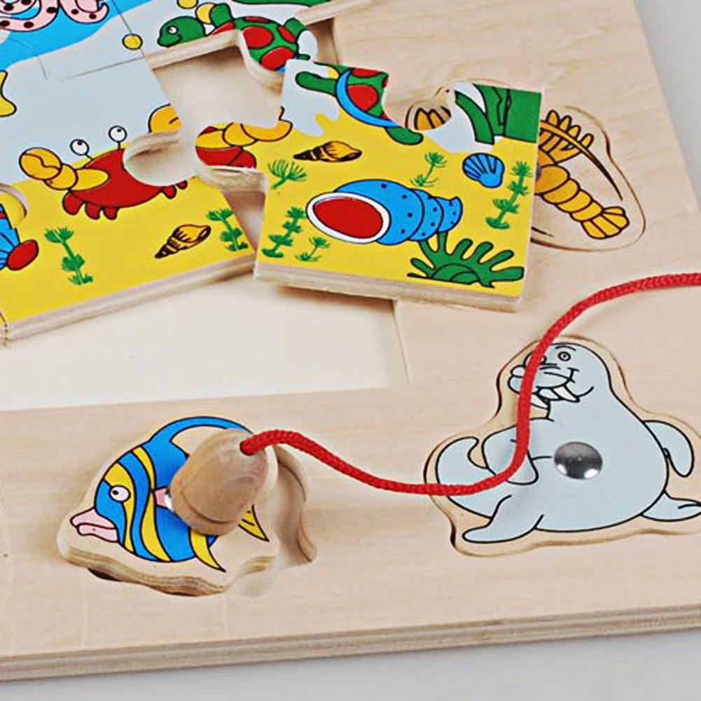 Деревянные магнитные игрушки для рыбалки детские мини в океане крабы рыбки пазлы