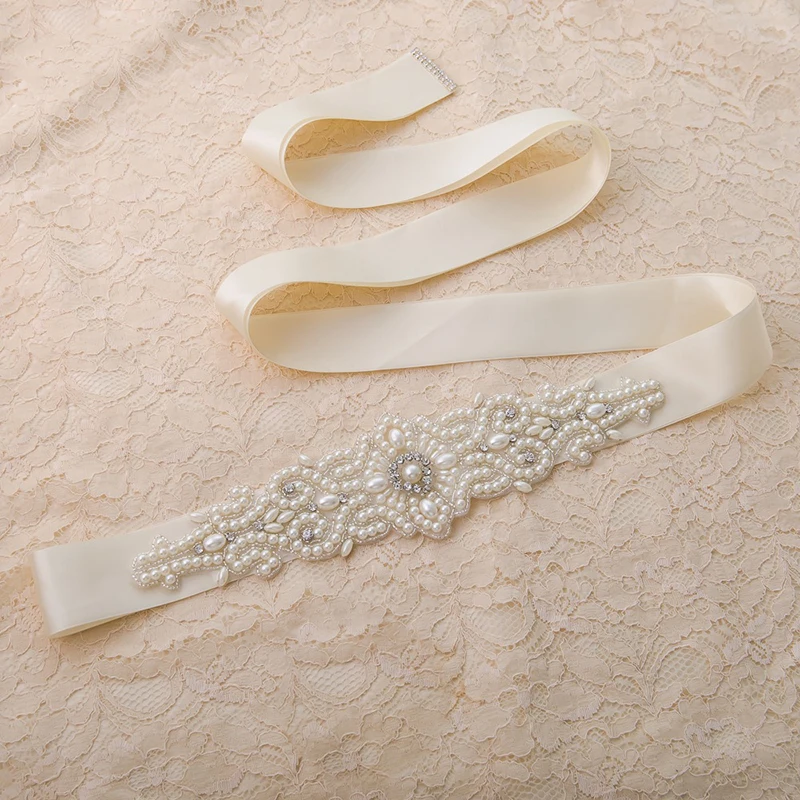 

AYiCuthia Hand Made Pearls Satin Wedding Dress Belt Luxury Sash Ribbon White Beige Bridal Belt Cinturon Novia Y19