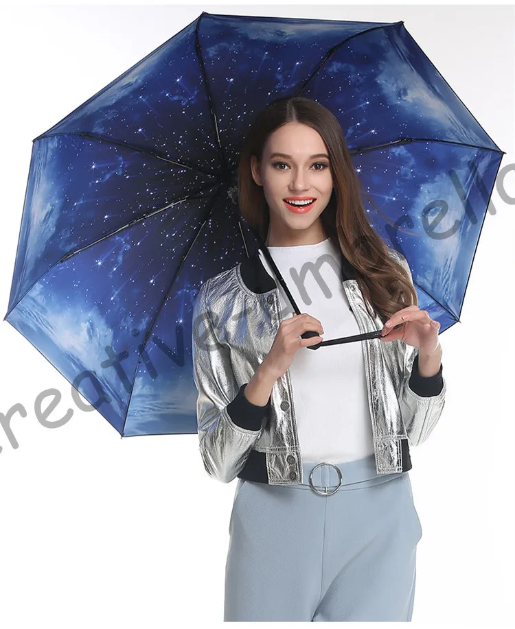 

2pcs/lot colour options fiberglass windproof 5 times black coating anti-UV parasol pocket folding starry sky printed umbrella