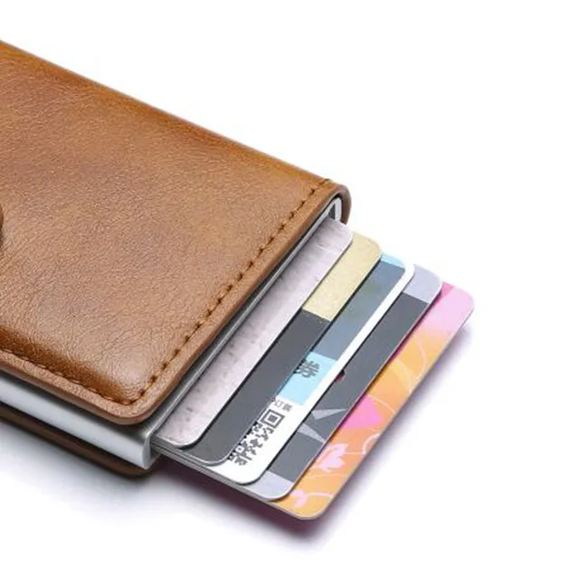 1208Brown with Hasp Мужской держатель для Карт RFID алюминиевый сплав кредитный держатель для карт НОВЕЙШИЙ МЕТАЛЛИЧЕСКИЙ кожаный бумажник Противоугонный мужской автоматический Чехол для карт - Цвет: 1208Brown with Hasp