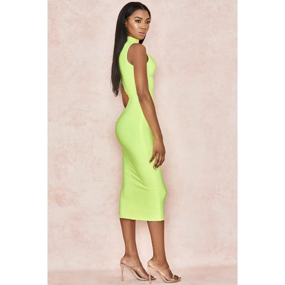 KLEEZY 2019 Celebrity Party Solid Neon Green Women Bandage Dress Vestidos Sleeveless Sexy Elegant Knee Bodycon Club HL8118 | Женская