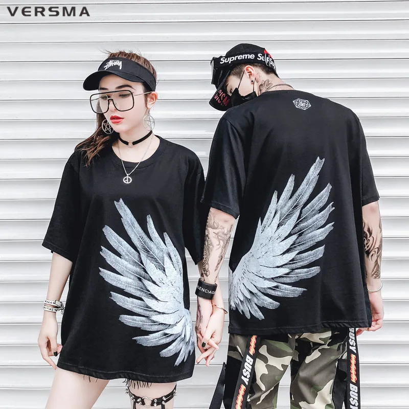 

VERSMA 2018 Korean Harajuku BF Wing Printed T-shirts Men Women Summer High Street Hip Hop Punk Loose Oversize Boy Tee Shirts Men