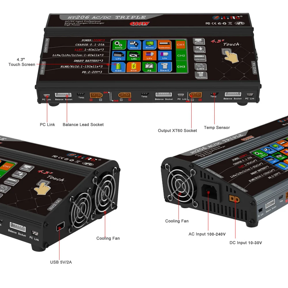HTRC HT206 AC/DC TRI 200 Вт * 3 20A тройной порт RC балансирующее зарядное устройство для