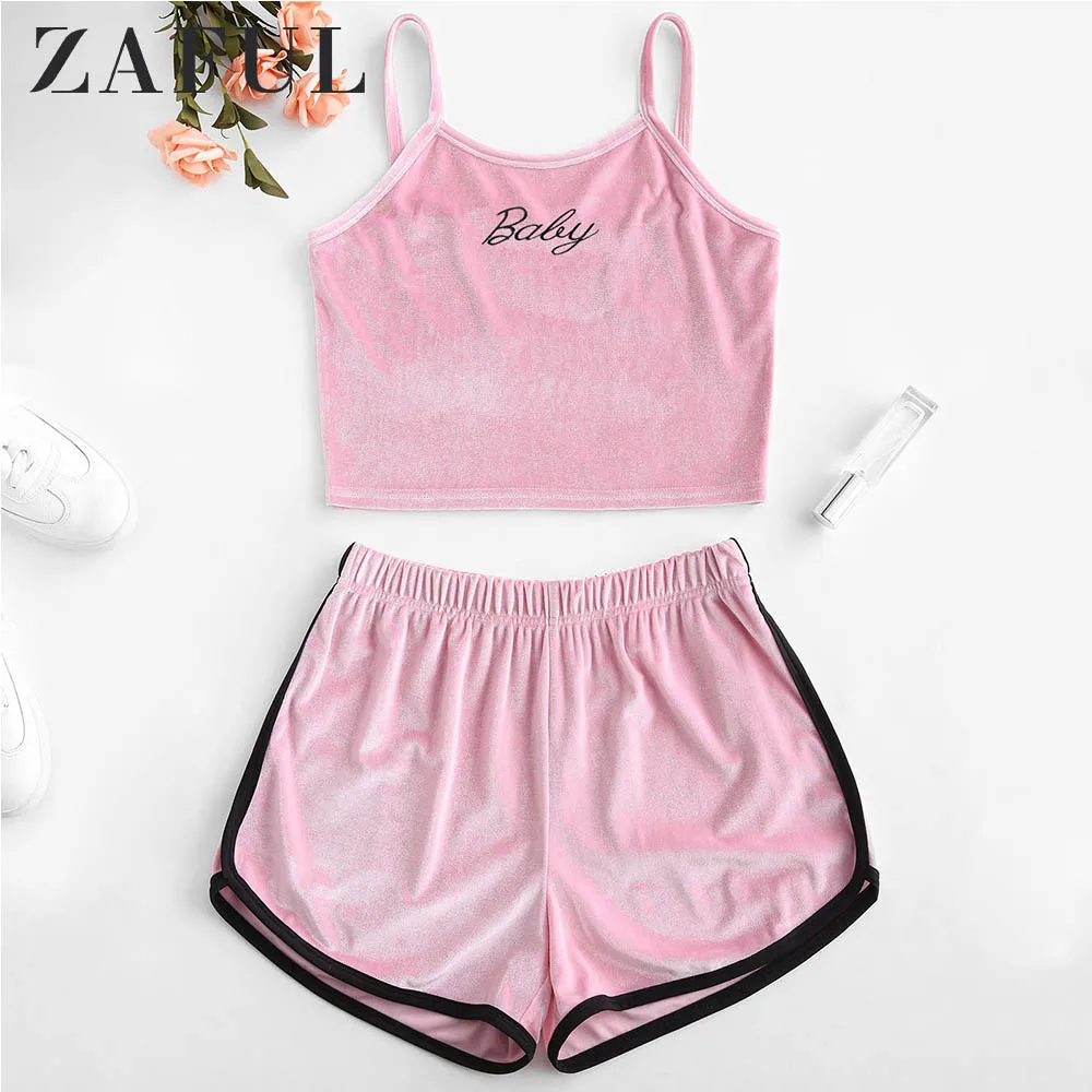 ZAFUL Наборы Женские Бархатные Вышитые Верх И Шорты Комплект спортивной одежды Без