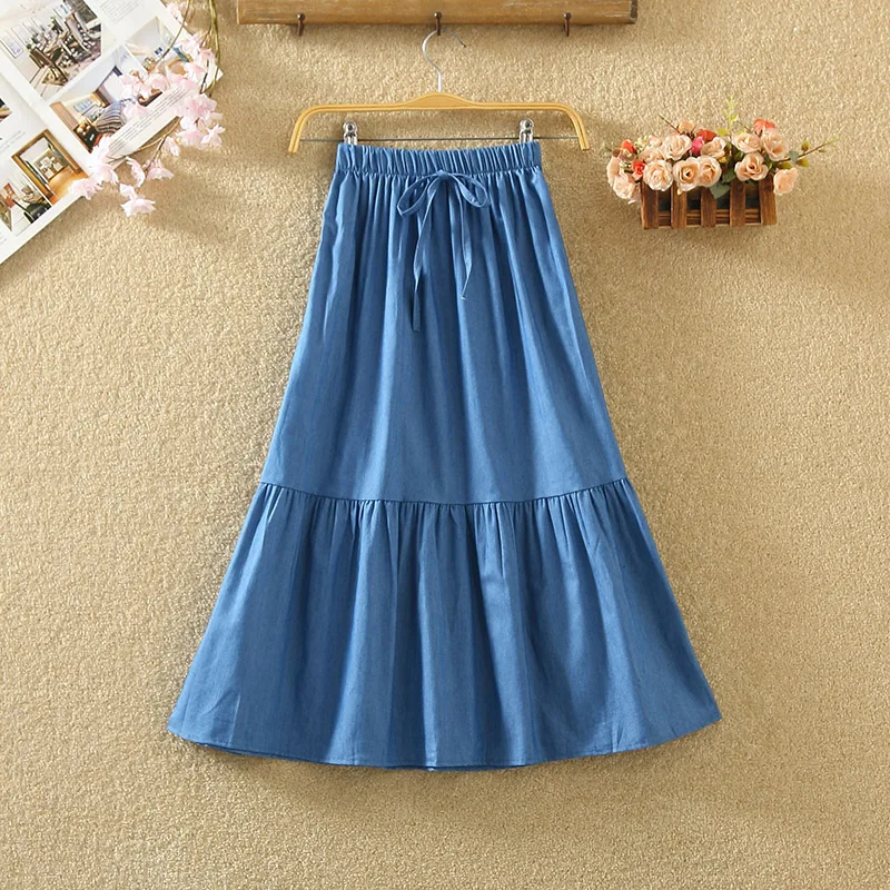 Женская джинсовая юбка с высокой талией однотонная трапециевидная средней длины