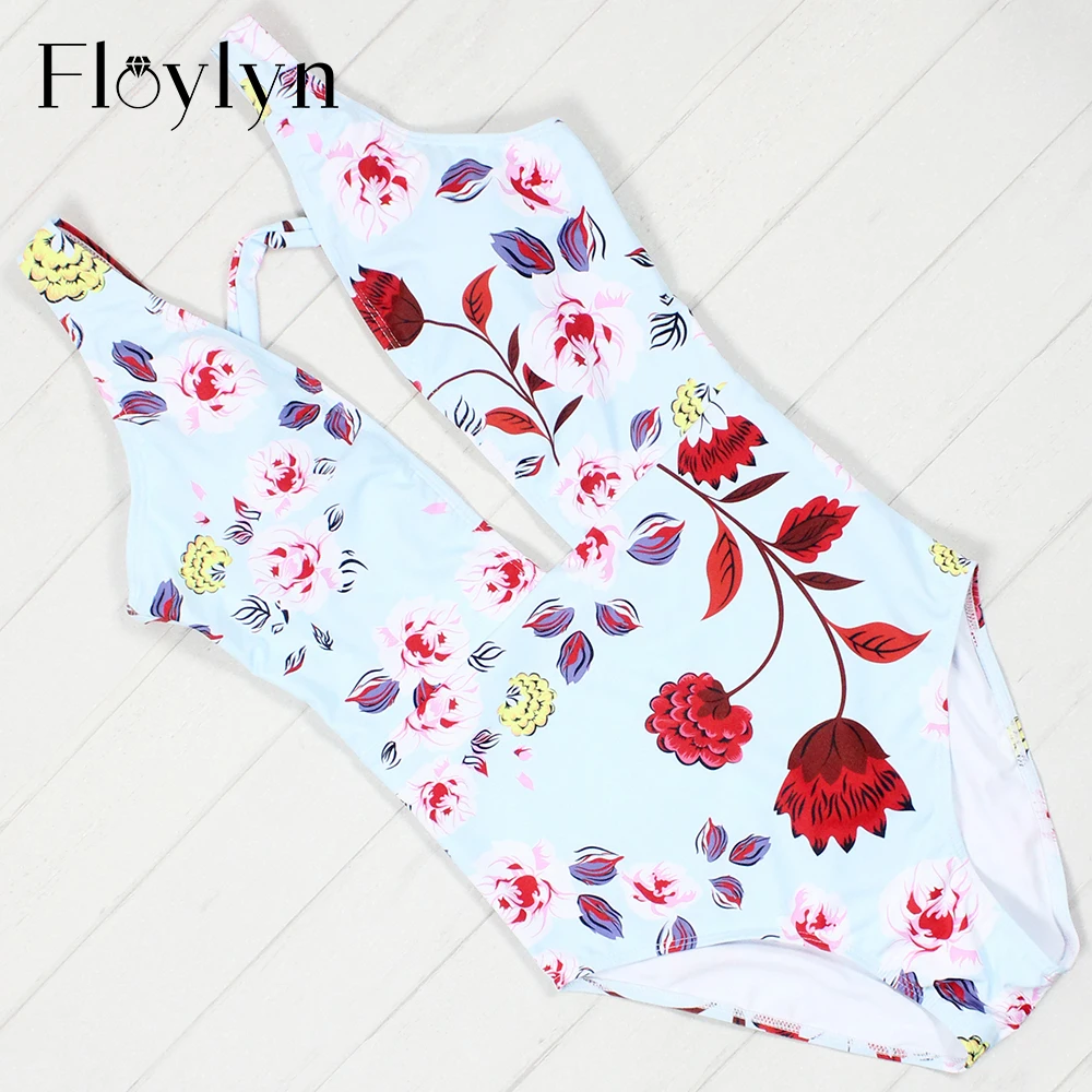 Floylyn 2018 цветочный Цельный купальник сексуальный с глубоким V образным вырезом