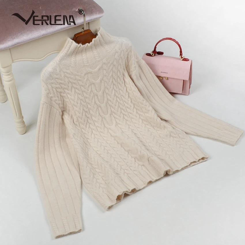 Funnel Collar Cable Pattern Solid Vintage Jumper Sweater Women Long Sleeve Turtleneck Streetwear Thick Pullover VERLENA New 2019 | Женская