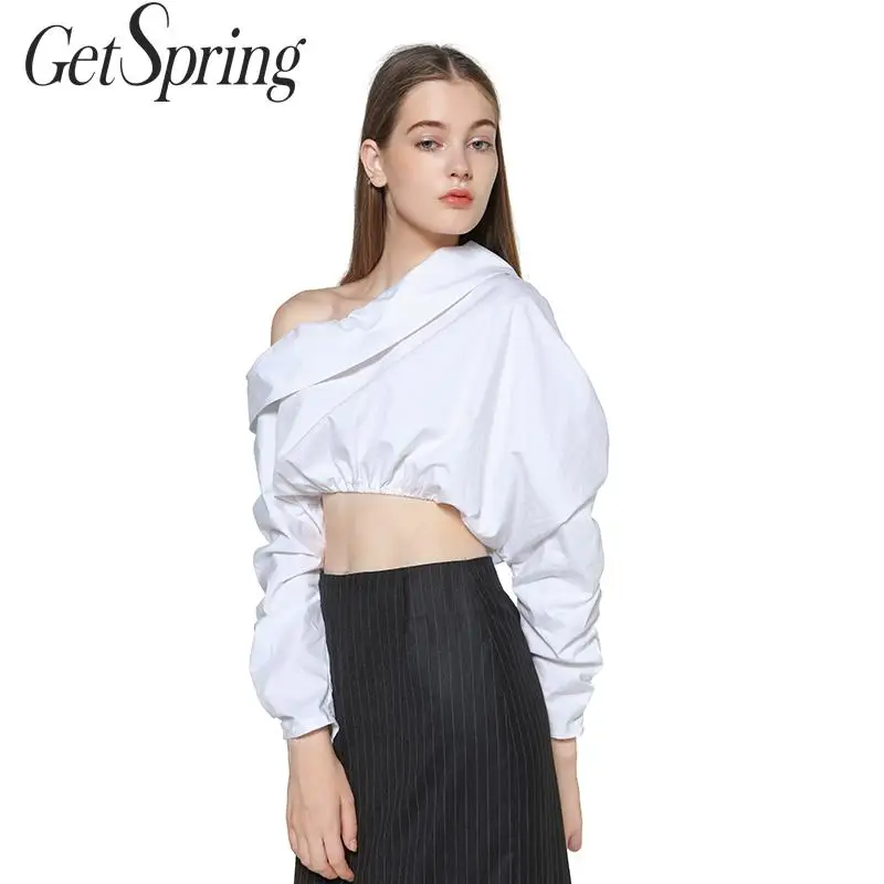 GETSPRING женский укороченный топ из хлопка белая рубашка с длинным рукавом, воротник-косичка, морщинистый женский топ, универсальная женская блузка, Сексуальная Блузка
